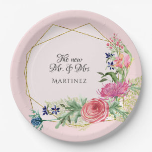 Watercolor Geometric Blush Pink n Navy Blue Floral Paper Plate