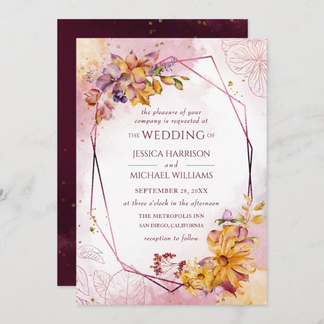 Watercolor Geometric Burgundy Floral Fall Wedding Invitation (Front/Back)