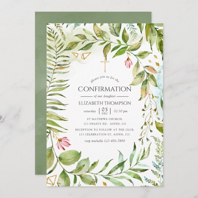 Watercolor Geometric Crystal Greenery Confirmation Invitation (Front/Back)