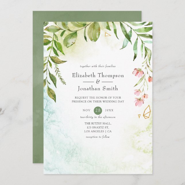 Watercolor Geometric Crystal Greenery Wedding Invitation (Front/Back)