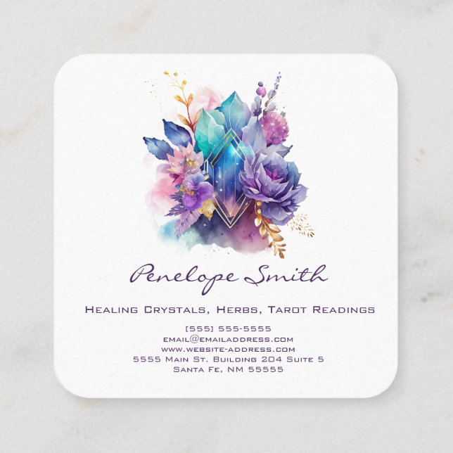 Watercolor Geometric Crystals and Flowers Square Business Card (Back)