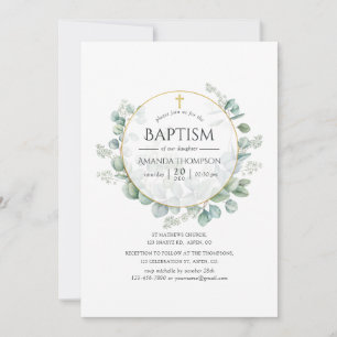 Watercolor Geometric Eucalyptus Baptism Invitation