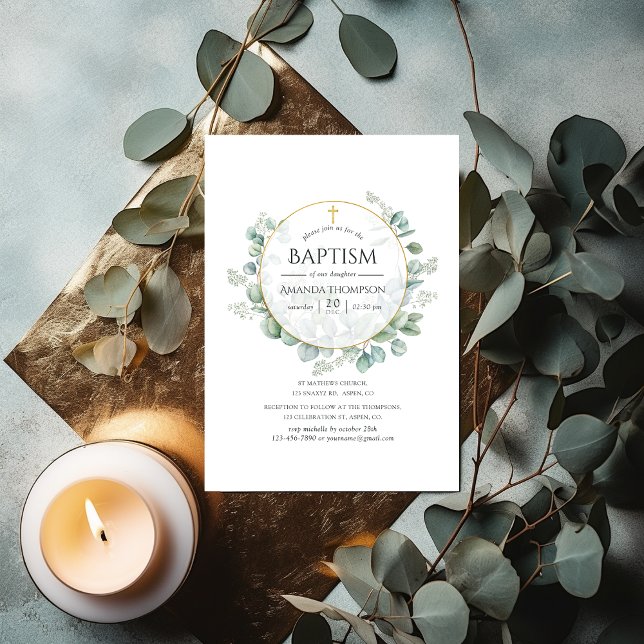 Watercolor Geometric Eucalyptus Baptism Invitation (Creator Uploaded)