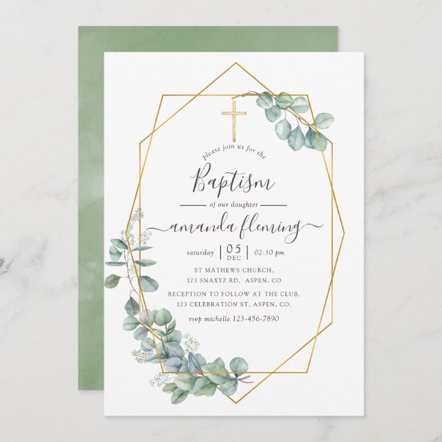 Watercolor Geometric Eucalyptus Baptism Invitation (Front/Back)