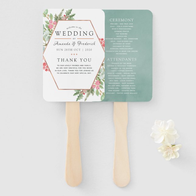 Watercolor Geometric Eucalyptus Christmas Wedding Hand Fan (Front and Back)