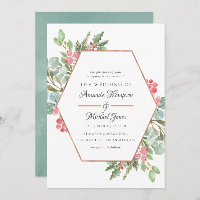 Watercolor Geometric Eucalyptus Christmas Wedding Invitation (Front/Back)