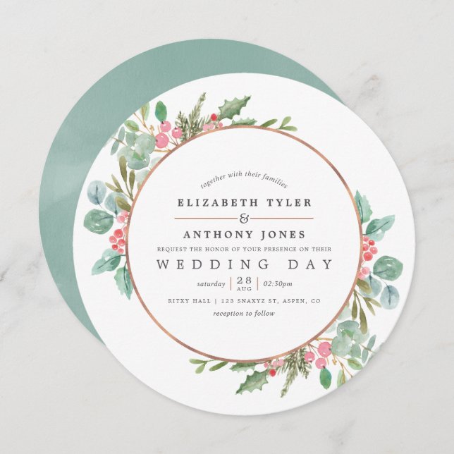 Watercolor Geometric Eucalyptus Christmas Wedding Invitation (Front/Back)