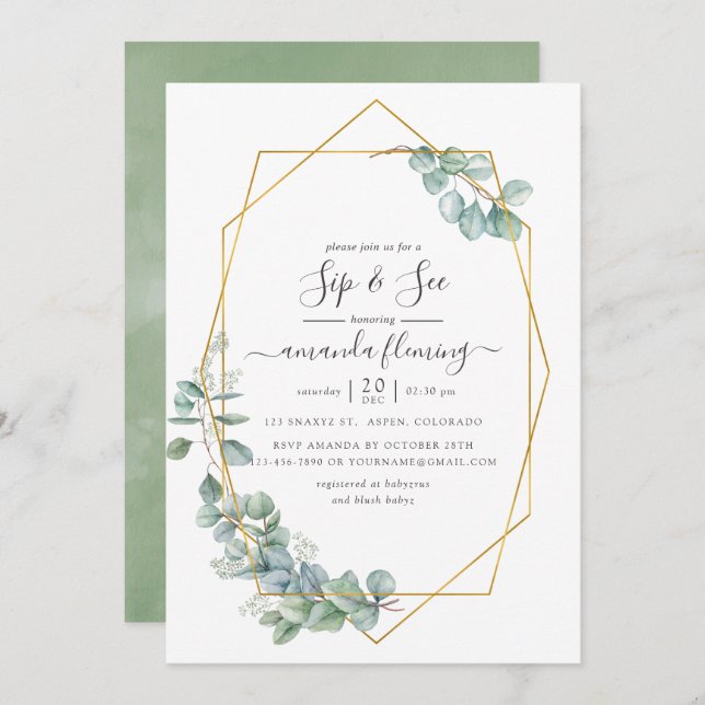 Watercolor Geometric Eucalyptus Sip and See Invitation (Front/Back)