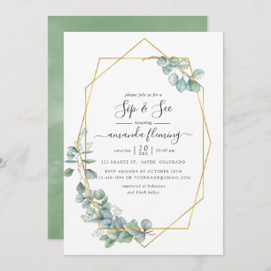 Watercolor Geometric Eucalyptus Sip and See Invitation