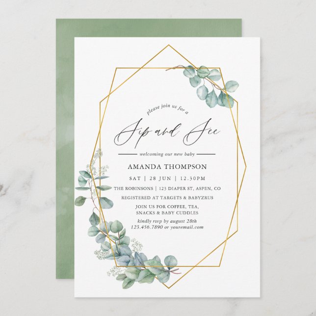 Watercolor Geometric Eucalyptus Sip and See Party Invitation (Front/Back)