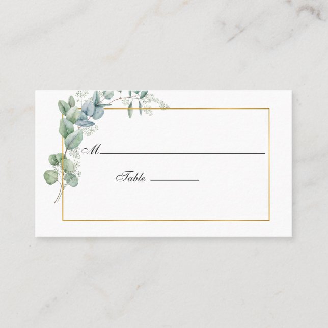 Watercolor Geometric Eucalyptus Wedding Place Card (Front)