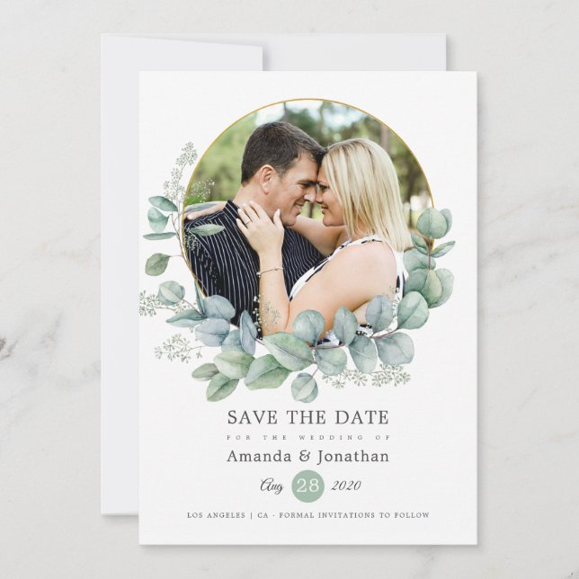 Watercolor Geometric Eucalyptus Wedding Save The Date (Front)