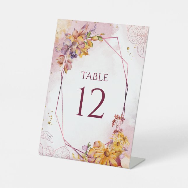 Watercolor Geometric Floral Fall Burgundy Wedding Pedestal Sign (Front)