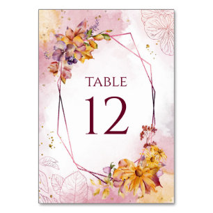 Watercolor Geometric Floral Fall Burgundy Wedding Table Number