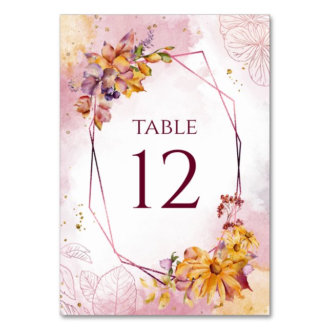 Watercolor Geometric Floral Fall Burgundy Wedding Table Number (Front)