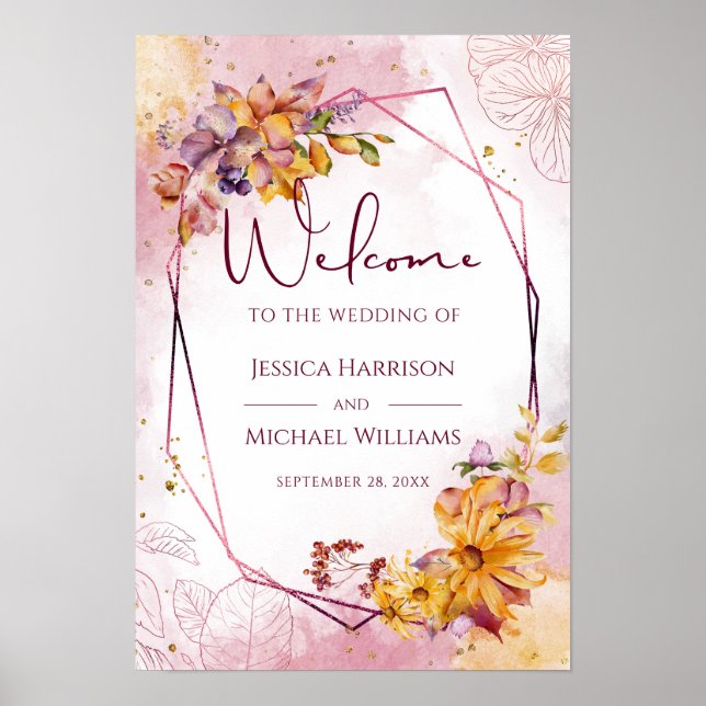 Watercolor Geometric Floral Fall Wedding Welcome Poster (Front)