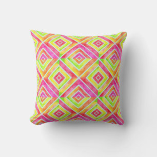 Watercolor geometric pink, chartreuse green tiles cushion