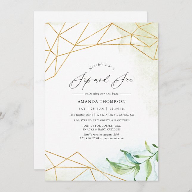 Watercolor Geometric Sip and See Invitation (Front/Back)