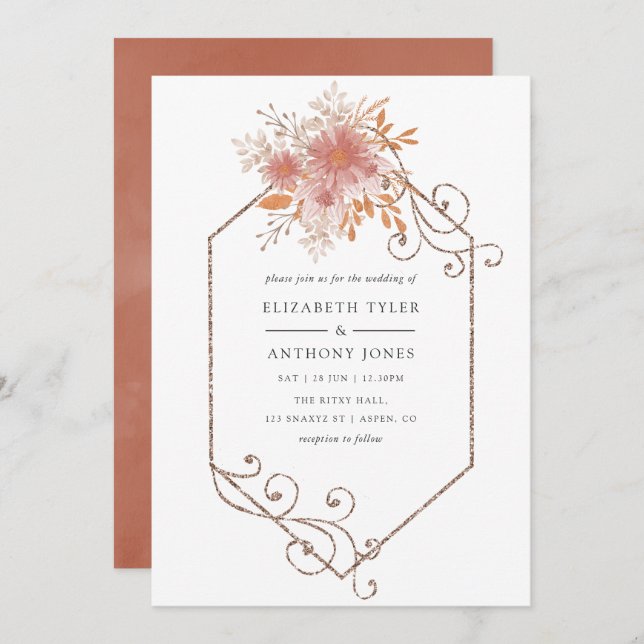 Watercolor Geometric Terracotta Wedding Invitation (Front/Back)