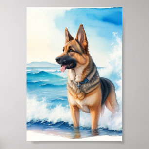Watercolor German Shepherd at the Beach 2 Poster