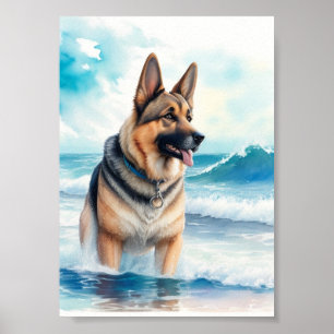 Watercolor German Shepherd at the Beach 3 Poster