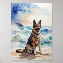 Watercolor German Shepherd at the Beach 6