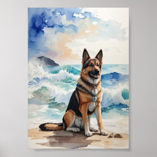 Watercolor German Shepherd at the Beach 6 Poster