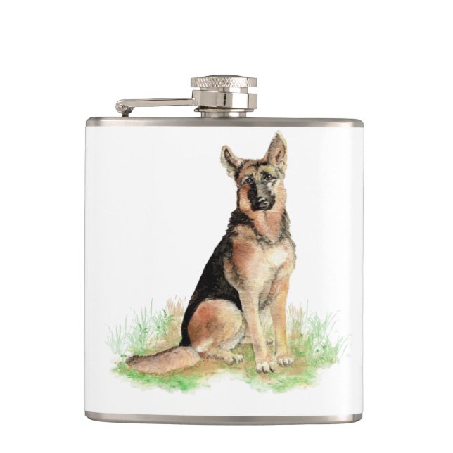 Watercolor German Shepherd Dog Pet Cute Animal Hip Flask (Front)