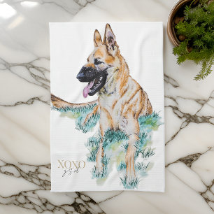 Watercolor German Shepherd Malinois XOXO Tea Towel