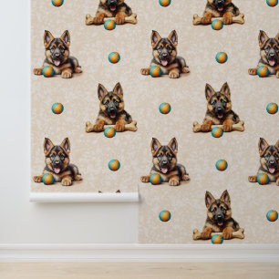 Watercolor German Shepherd Puppy Dog Ball Bone Wallpaper