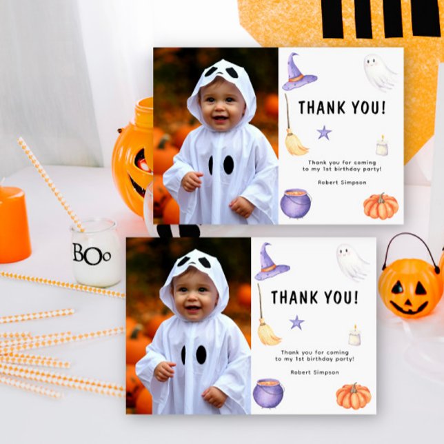 Watercolor Ghost kids First birthday party Thank You Card (Creator Uploaded)