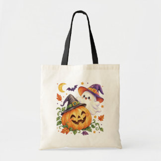 Watercolor Ghost & Pumpkin Halloween Tote Bag