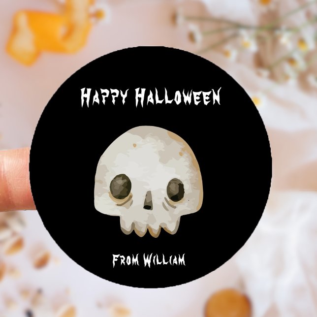 Watercolor Ghost Skeleton Happy Halloween Classic Round Sticker (Watercolor Ghost Skeleton Happy Halloween Classic Round Sticker)