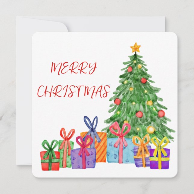 Watercolor Gift Tree Merry Christmas Card (Front)