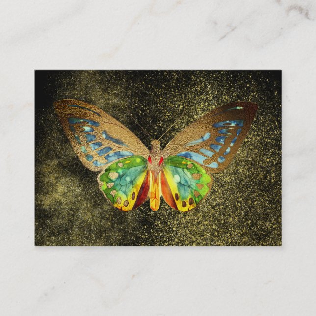 ** Watercolor Gilded Gold Butterfly Glitter Black Business Card (Front)