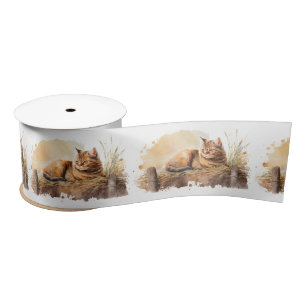 Watercolor Ginger Cat On Hay Satin Ribbon