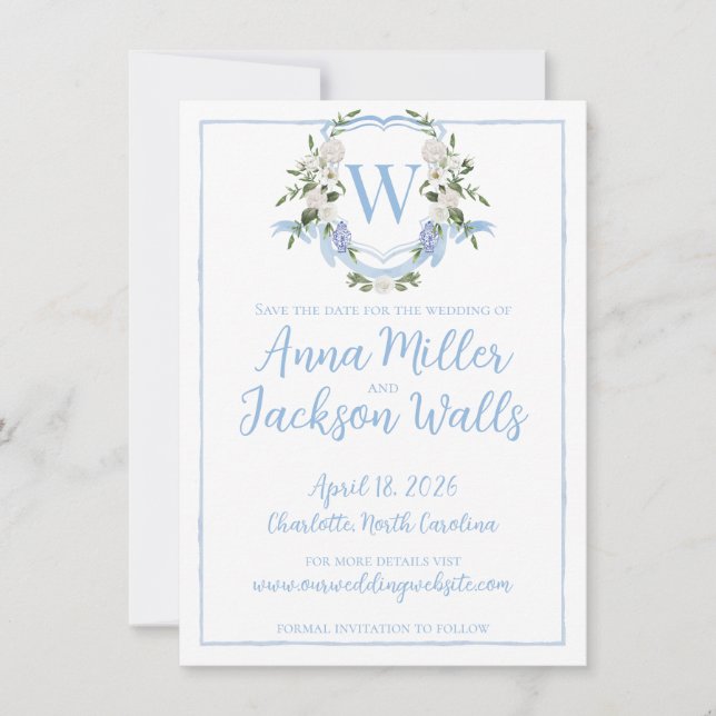 Watercolor Ginger Jar Monogram Crest, Blue White  Save The Date (Front)