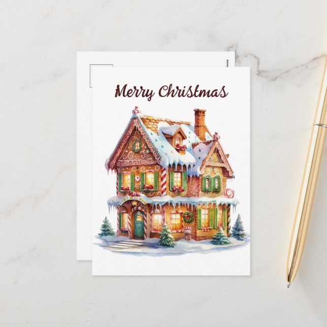 Watercolor gingerbread add text Holiday Postcard (Front/Back In Situ)