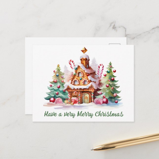 Watercolor gingerbread add text holiday postcard (Front/Back In Situ)