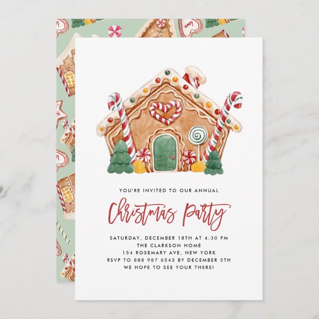Watercolor Gingerbread House Christmas Party Invitation (Front/Back)