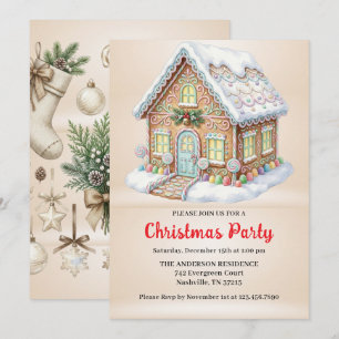 Watercolor Gingerbread House Christmas Party Invitation