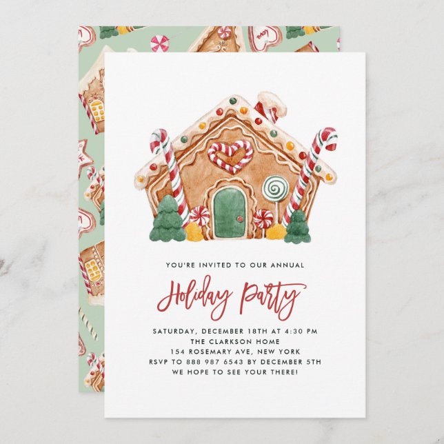 Watercolor Gingerbread House Holiday Party Invitation (Front/Back)