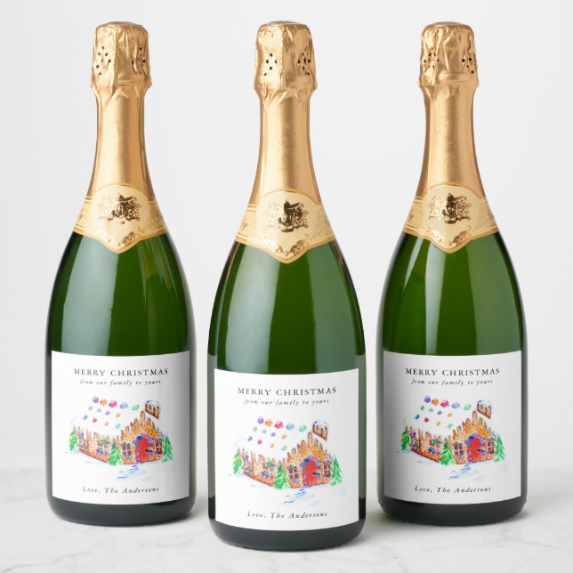 Watercolor Gingerbread House Merry Christmas Cute  Sparkling Wine Label (Bottles)