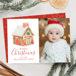 Watercolor Gingerbread House Merry Christmas Photo Holiday Card