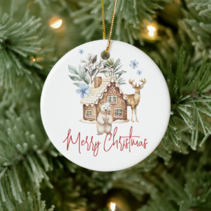 Watercolor Gingerbread House, Polar Bear & Reindee Ceramic Tree Decoration