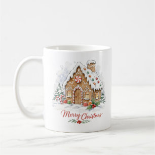Watercolor Gingerbread House with Candy Canes Coffee Mug