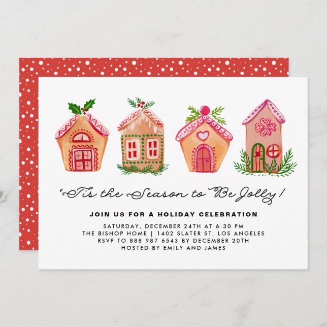 Watercolor Gingerbread Houses Holiday Party Invitation (Front/Back)