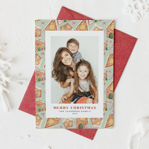 Watercolor Gingerbread Houses Photo Christmas Holiday Card