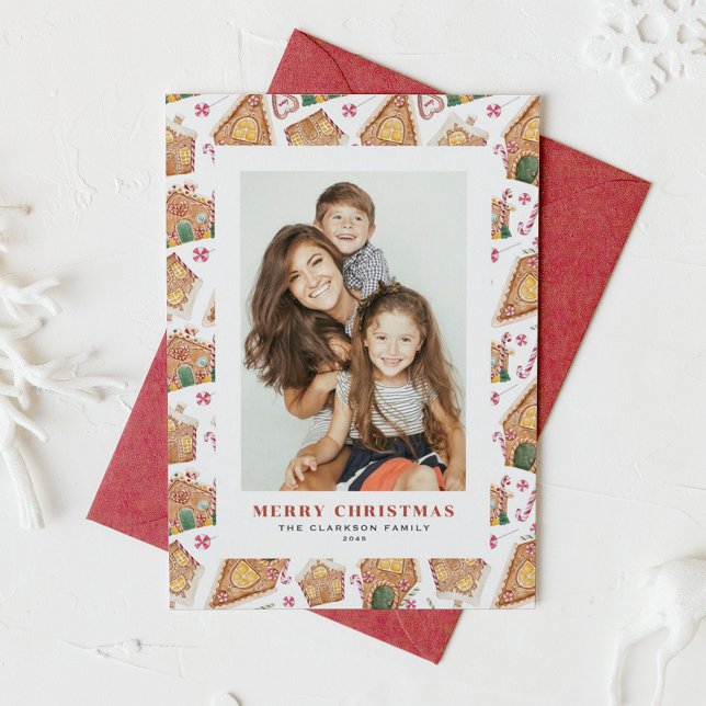 Watercolor Gingerbread Houses Photo Christmas Holiday Card (Festive Gingerbread House White Photo Christmas Holiday Card)