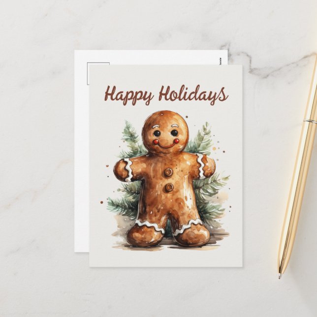 Watercolor gingerbread man add text Holiday  Postcard (Front/Back In Situ)